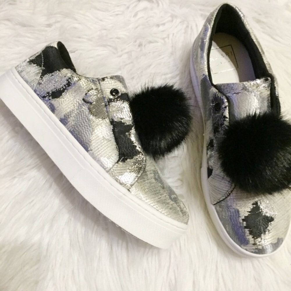 Silver/black metallic sheen Pom Pom shoes